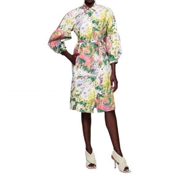 NEW MIRTO brushstroke print cotton mini shirt dress in floral